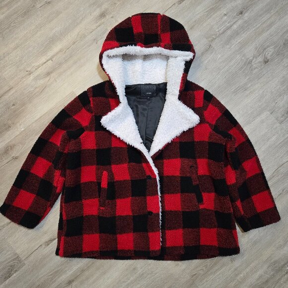 Steve Madden Jackets & Blazers - Steve Madden Fleece Hooded Jacket Red Black Buffalo Plaid $225 2X Women's Plus